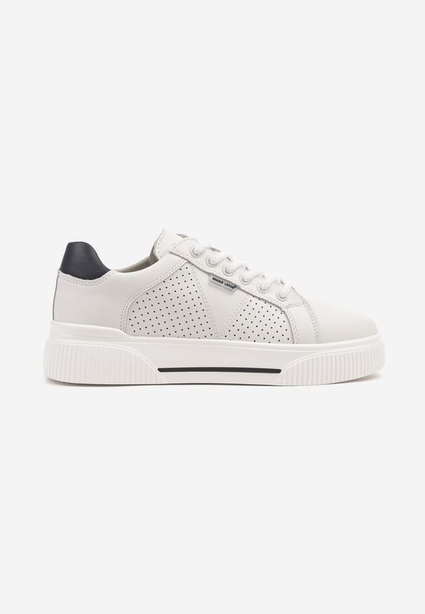 Born2be - Białe Skórzane Sneakersy w Stylu Tenisówek Zdobione Perforacją Vivolla. Okazja: na co dzień. Kolor: biały. Materiał: skóra. Wzór: aplikacja