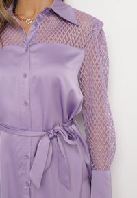 Born2be - Fioletowa Koszulowa Mini Sukienka z Materiałowym Paskiem i Siateczką w Górnej Części Gudris. Kolor: fioletowy. Materiał: materiał. Typ sukienki: koszulowe. Długość: mini #5