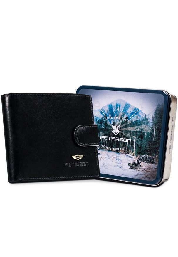Czarny, duży portfel męski wykonany ze skóry naturalnej i zamykany na zatrzask - Peterson. Kolor: czarny. Materiał: skóra