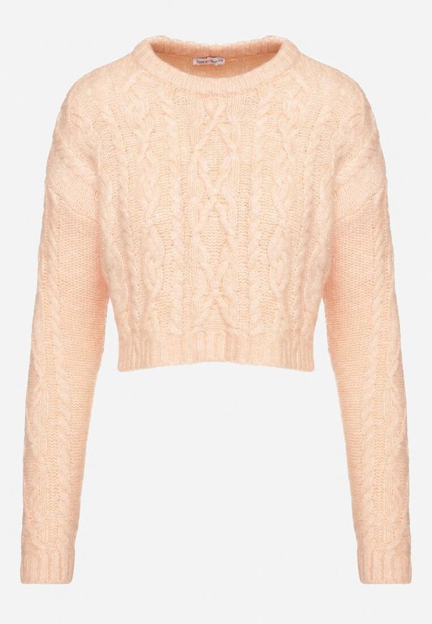 Born2be - Jasnoróżowy Krótki Sweter z Tłoczonym Wzorem Torilissa. Okazja: na spotkanie biznesowe. Kolor: różowy. Materiał: jeans. Długość rękawa: długi rękaw. Długość: krótkie. Styl: biznesowy, elegancki