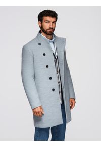 Ombre Clothing - Płaszcz męski z wysokim kołnierzem i asymetrycznym zapięciem – szary melanż V1 - Rozmiar: L. Okazja: na co dzień. Kolor: szary. Materiał: syntetyk, wiskoza, poliester, materiał. Wzór: melanż. Styl: wizytowy, casual, elegancki