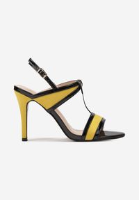 Renee - Czarno-Żółte Sandały Boopy. Nosek buta: otwarty. Zapięcie: pasek. Kolor: czarny. Wzór: jednolity, kolorowy. Styl: elegancki