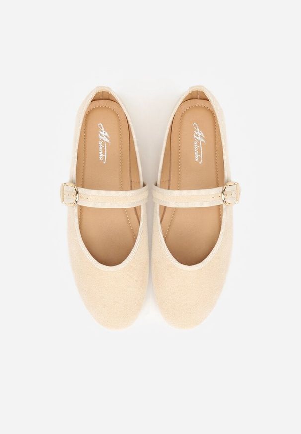 Renee - Beżowe Balerinki Mary Jane z Klamrą Zaurg. Okazja: na co dzień. Zapięcie: klamry. Kolor: beżowy. Materiał: jeans. Styl: klasyczny, casual, elegancki