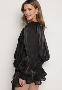 Born2be - Czarna Sukienka o Bufiastym Kroju z Falbanami Trenem i Wiązaniem Lunalina. Kolor: czarny. Styl: klasyczny, elegancki #2