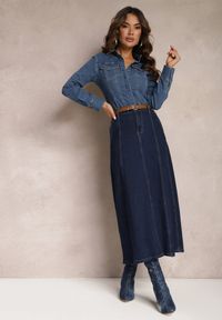 Renee - Granatowa Jeansowa Spódnica Maxi z Regularną Talią i Przeszyciami Bellezza. Kolor: niebieski. Materiał: jeans. Wzór: aplikacja