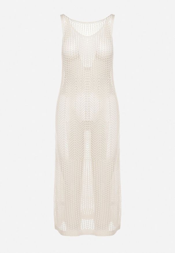 Born2be - Beżowa Dopasowana Ażurowa Sukienka Plażowa Narzutka Ozdobiona Rozcięciem na Nogę Alvantia. Okazja: na plażę. Kolor: beżowy. Wzór: ażurowy, aplikacja. Sezon: lato. Styl: klasyczny