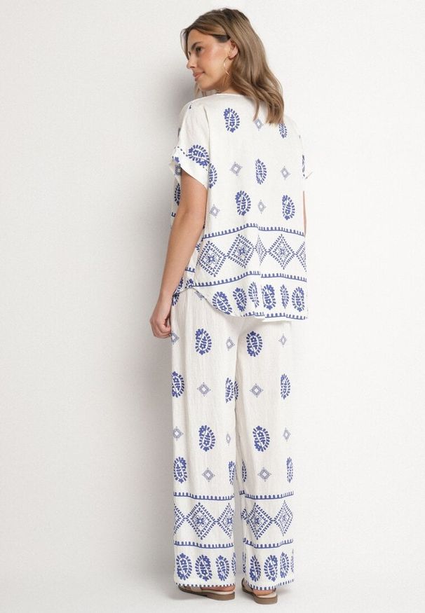 Born2be - Niebiesko-Biały Bawełniany Komplet Koszula i Szerokie Spodnie w Stylu Boho Ollirive. Kolor: niebieski. Materiał: bawełna. Wzór: aplikacja