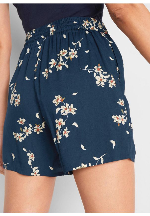 bonprix - Szorty z wiskozy z wiązanym paskiem (2 szt.). Kolor: niebieski. Materiał: wiskoza. Długość: krótkie. Wzór: nadruk