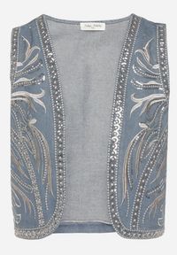 Born2be - Niebieska Bawełniana Kamizelka Jeansowa Zdobiona Haftem i Cekinami Natiflore. Okazja: na co dzień. Kolor: niebieski. Materiał: bawełna, jeans. Wzór: aplikacja, haft. Styl: elegancki, casual #4