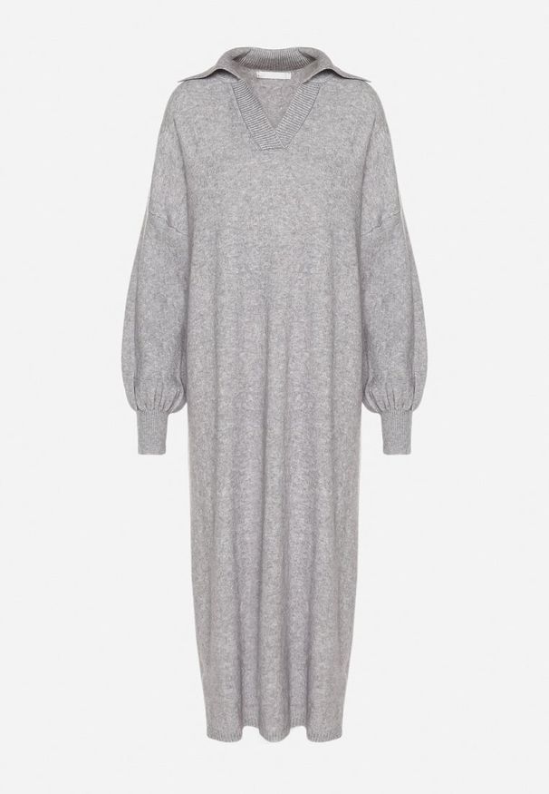 Born2be - Szara Pudełkowa Sukienka Sweterkowa z Wiskozą Szerokimi Rękawami i Kołnierzykiem Rinfera. Kolor: szary. Materiał: wiskoza. Typ sukienki: proste. Styl: wizytowy, elegancki