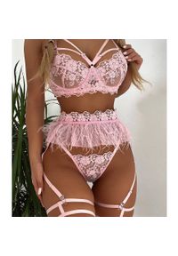 Intica - Komplet bielizny z koronką i piórkami elegancki Gitza. Kolor: różowy. Materiał: koronka. Wzór: koronka