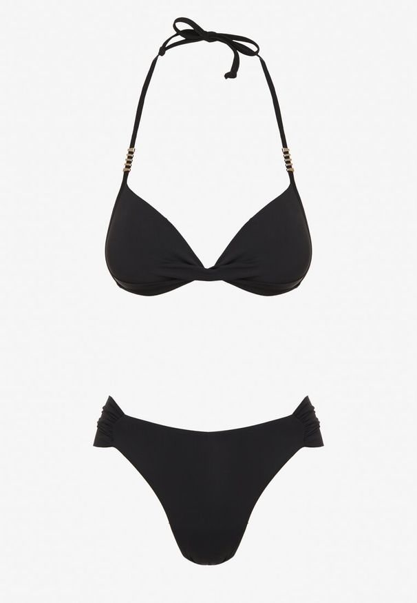 Renee - Czarne Bikini Wiązany Biustonosz Push Up i Majtki Typu Figi Mirisenia. Kolor: czarny. Wzór: aplikacja