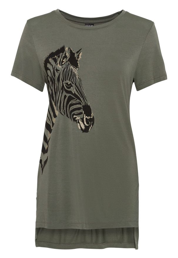 T-shirt z motywem zebry bonprix oliwkowy. Kolor: zielony. Długość: długie. Wzór: motyw zwierzęcy