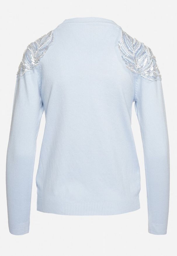 Born2be - Jasnoniebieski Sweter z Bawełną Ozdobiony Cekinami Leanelwen. Okazja: na co dzień. Kolor: niebieski. Materiał: bawełna. Wzór: aplikacja. Styl: casual, elegancki