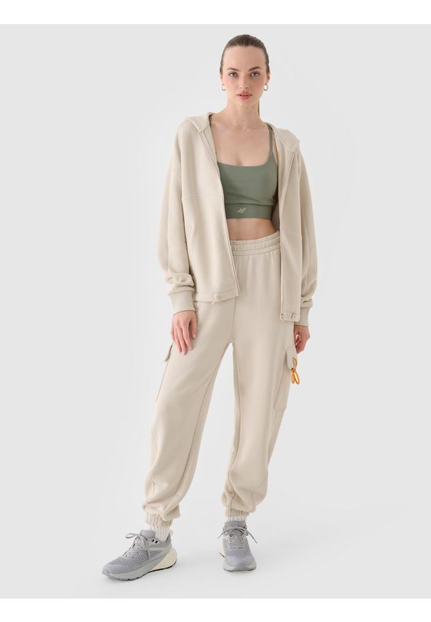 4f - 4F Bluza dresowa rozpinana z kapturem damska - beżowa XL. Okazja: na co dzień. Typ kołnierza: kaptur. Kolor: beżowy. Materiał: dresówka. Wzór: ze splotem, gładki. Styl: sportowy, casual
