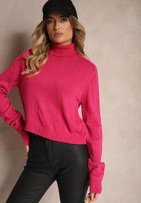 Renee - Fuksjowy Luźny Golf o Klasycznym Fasonie z Prążkami na Ściągaczach Basum. Okazja: na co dzień. Typ kołnierza: golf. Kolor: różowy. Materiał: jeans. Wzór: prążki. Styl: klasyczny #5
