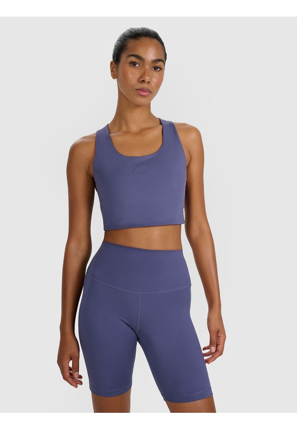 4f - 4F Biustonosz treningowy z niskim wsparciem - granatowy L. Kolor: niebieski. Materiał: elastan, włókno, syntetyk, materiał, guma. Rodzaj stanika: wyciągane miseczki. Wzór: gładki, ze splotem. Sport: fitness, joga i pilates
