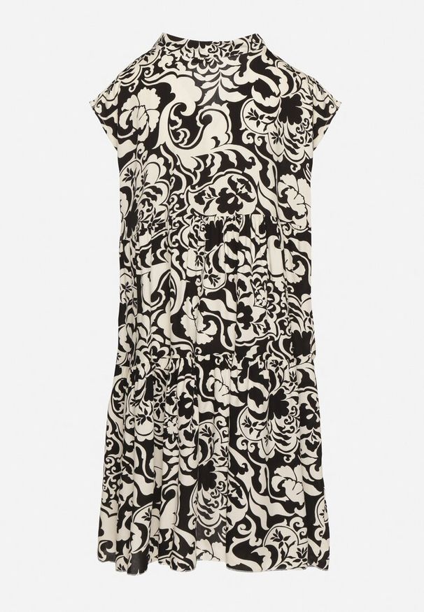 Born2be - Czarna Bawełniana Sukienka o Kroju Oversize w Ornamentny Wzór Izelona. Okazja: na co dzień. Kolor: czarny. Materiał: bawełna. Typ sukienki: oversize. Styl: klasyczny, casual