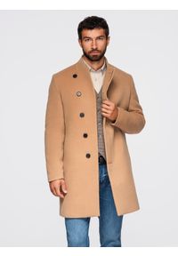 Ombre Clothing - Męski płaszcz z asymetrycznym zapięciem i wysokim kołnierzem – jasnobrązowy V4 - Rozmiar: XXL. Okazja: na co dzień. Kolor: brązowy. Materiał: syntetyk, wiskoza, poliester, materiał. Wzór: aplikacja, jednolity. Styl: wizytowy, casual, elegancki #8