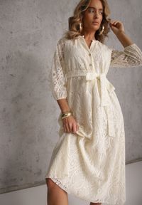 Renee - Beżowa Koronkowa Sukienka Boho Rozkloszowana z Paskiem w Talii Irinsea. Okazja: na co dzień. Kolor: beżowy. Materiał: koronka. Wzór: koronka. Typ sukienki: rozkloszowane, proste. Styl: boho #3