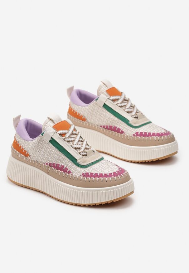 Renee - Beżowe Tweedowe Sneakersy na Platformie z Przeszyciem Orilenes. Kolor: beżowy. Obcas: na platformie