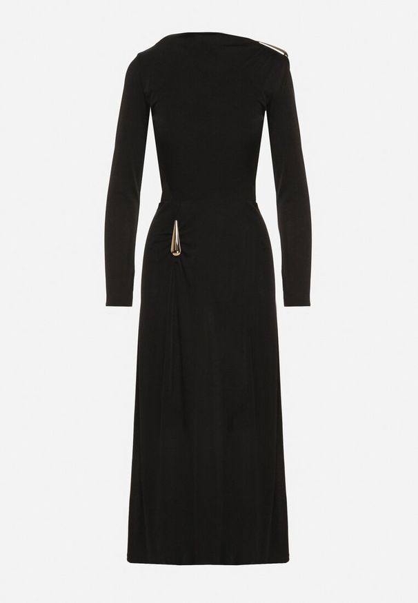 Born2be - Czarna Koktajlowa Sukienka Ozdobiona Metaliczną Aplikacją i Marszczeniem z Boku Retima. Kolor: czarny. Wzór: aplikacja. Styl: wizytowy