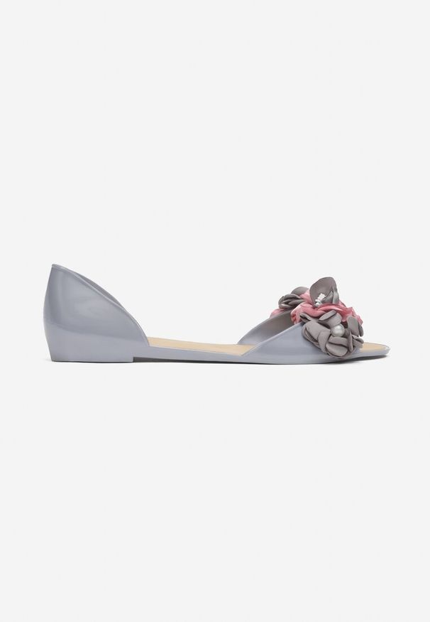 Renee - Szare Balerinki Idalina. Nosek buta: otwarty. Zapięcie: bez zapięcia. Kolor: szary. Materiał: guma. Wzór: aplikacja, kwiaty. Obcas: na obcasie. Styl: boho. Wysokość obcasa: niski