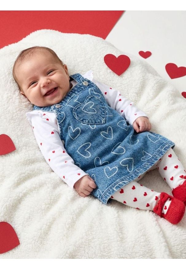 Sinsay - Jeansowa sukienka ogrodniczka ze wzorem w serca - niebieski. Kolor: niebieski. Materiał: jeans