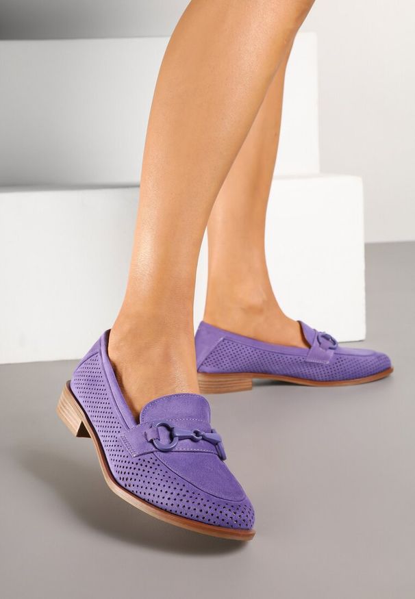 Born2be - Fioletowe Ażurowe Mokasyny Vices ze Skórzaną Wkładką Felastra. Okazja: na co dzień. Kolor: fioletowy. Materiał: skóra. Wzór: ażurowy. Obcas: na obcasie. Styl: casual, elegancki, klasyczny. Wysokość obcasa: niski