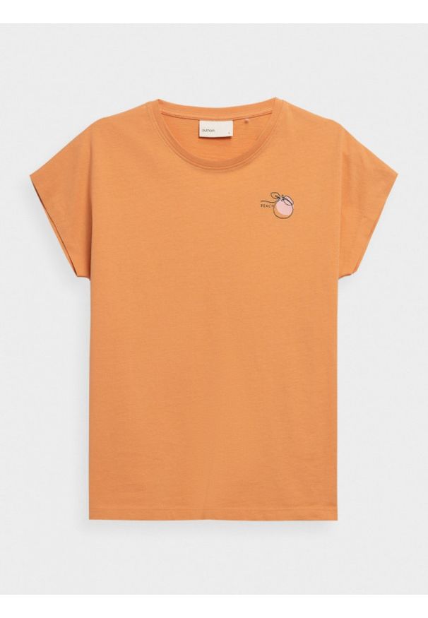outhorn - T-shirt z nadrukiem damski - pomarańczowy. Okazja: na co dzień. Kolor: pomarańczowy. Materiał: jersey, bawełna. Wzór: nadruk. Styl: casual, klasyczny