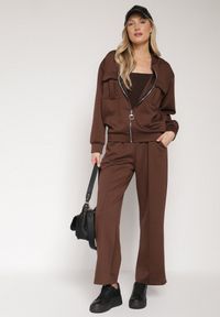 Born2be - Brązowy Bawełniany Komplet Dresowy Bluza na Suwak i Spodnie Tevrisa. Kolor: brązowy. Materiał: bawełna, dresówka. Sport: turystyka piesza #3