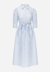 Renee - Niebieska Bawełniana Sukienka Koszulowa w Stylu Retro z Wiązanym Paskiem Meresa. Okazja: na randkę. Kolor: niebieski. Materiał: bawełna. Sezon: lato. Typ sukienki: koszulowe. Styl: retro #5