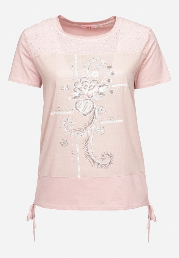 Born2be - Różowy T-shirt z Bawełny Ozdobiony Cyrkoniami i Ściągaczami po Bokach Forena. Okazja: na co dzień. Kolor: różowy. Materiał: bawełna. Wzór: aplikacja. Styl: casual