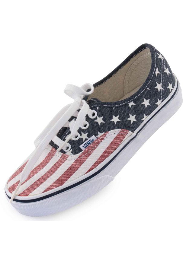 Vans Authentic Van Doren niebieskie, motyw amerykańskiej flagi, rozmiar 36,5. Okazja: na co dzień. Kolor: niebieski, wielokolorowy. Model: Vans Authentic