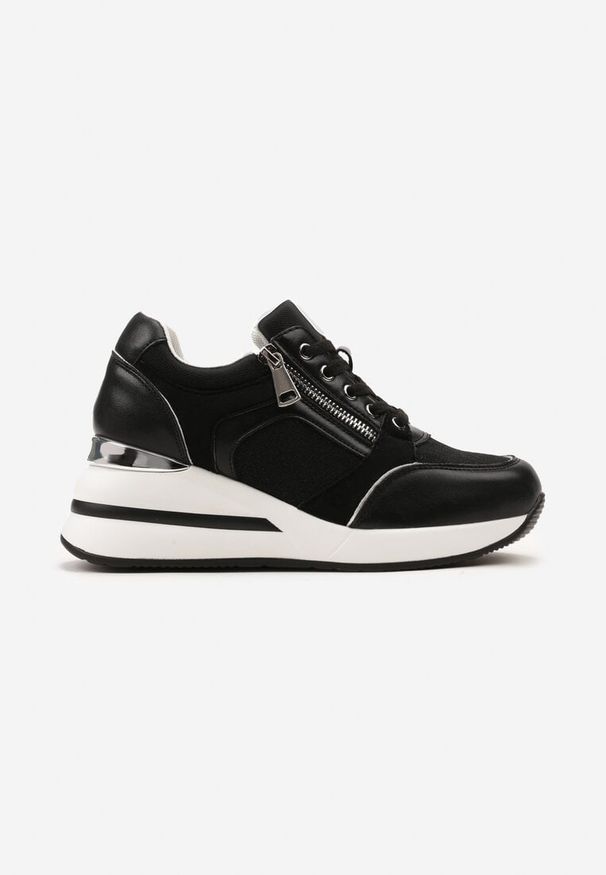 Born2be - Czarne Sneakersy na Koturnie przed Kostkę z Ozdobnym Suwakiem i Metalicznym Akcentem Tivian. Okazja: na co dzień. Wysokość cholewki: przed kostkę. Zapięcie: zamek. Kolor: czarny. Materiał: jeans. Obcas: na koturnie