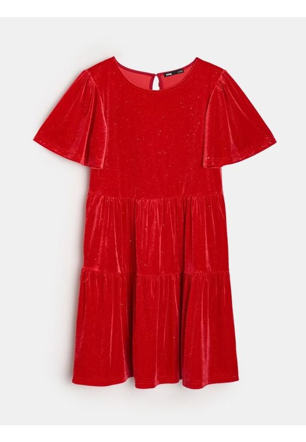 Sinsay - Sukienka bombka z połyskującą aplikacją - czerwony. Kolor: czerwony. Wzór: aplikacja. Typ sukienki: bombki