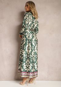 Renee - Zielona Pudełkowa Sukienka Satynowa z Paskiem w Talii w Ornamentalny Print Tarosa. Kolor: zielony. Materiał: satyna. Wzór: nadruk #4