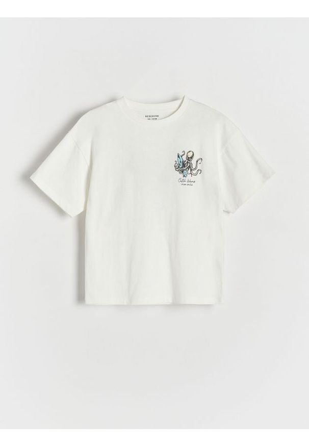 Reserved - T-shirt oversize z nadrukiem - złamana biel. Materiał: bawełna, dzianina. Wzór: nadruk