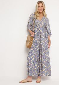 Born2be - Niebieski Kombinezon Boho z Gumką w Talii Wiązany na Plecach z Szerokimi Nogawkami Rodolia. Okazja: na co dzień. Kolor: niebieski. Długość rękawa: krótki rękaw. Długość: krótkie. Styl: boho #1