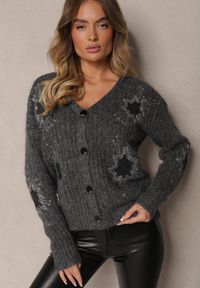 Renee - Ciemnoszary Kardigan na Guziki z Haftowanym Wzorem Linelith. Okazja: na spotkanie biznesowe. Kolor: szary. Materiał: jeans. Wzór: haft. Styl: biznesowy #5