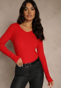 Renee - Czerwony Sweter z Bawełną z Prążkowanej Dzianiny Reisaria. Okazja: na co dzień. Kolor: czerwony. Materiał: dzianina, bawełna, prążkowany. Styl: casual, klasyczny