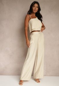 Renee - Beżowy Komplet z Wiskozą Top z Falbanką na Jedno Ramię i Spodnie Wide Leg Nirellea. Kolor: beżowy. Materiał: wiskoza #3