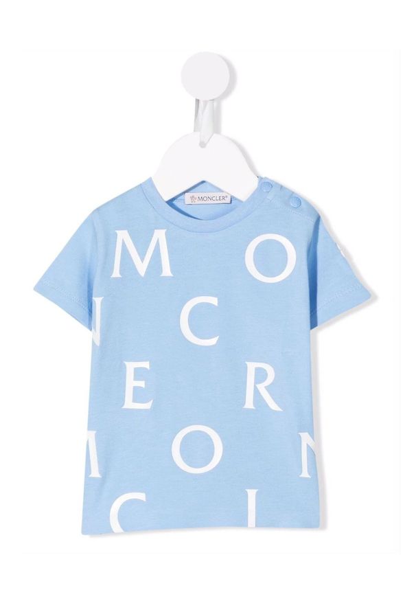 MONCLER KIDS - Niebieska koszulka z nadrukiem 0-3 lat. Kolor: niebieski. Materiał: bawełna, elastan, tkanina. Wzór: nadruk. Sezon: lato. Styl: klasyczny