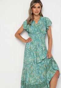 Born2be - Zielona Rozkloszowana Kopertowa Sukienka z Bawełny o Wzorze Paisley z Gumką w Talii Zonne. Okazja: na co dzień. Typ kołnierza: dekolt kopertowy, dekolt w kształcie V. Kolor: zielony. Materiał: bawełna. Długość rękawa: krótki rękaw. Wzór: paisley. Typ sukienki: kopertowe. Styl: klasyczny, casual, elegancki #6