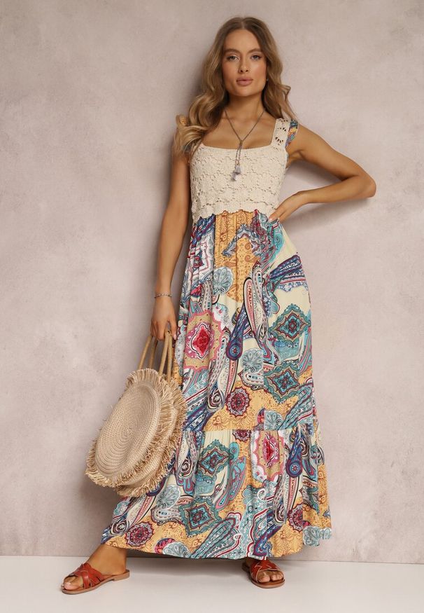 Renee - Beżowo-Niebieska Sukienka Grayah. Typ kołnierza: dekolt kwadratowy, kołnierz z falbankami. Kolor: niebieski. Materiał: wiskoza, tkanina. Długość rękawa: na ramiączkach. Wzór: aplikacja, haft. Styl: boho, elegancki. Długość: maxi