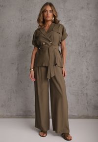 Renee - Zielony Wiskozowy Komplet z Lnem Spodnie Wide Leg i Bluzka o Kroju Marynarki Daprise. Kolor: zielony. Materiał: wiskoza, len #6
