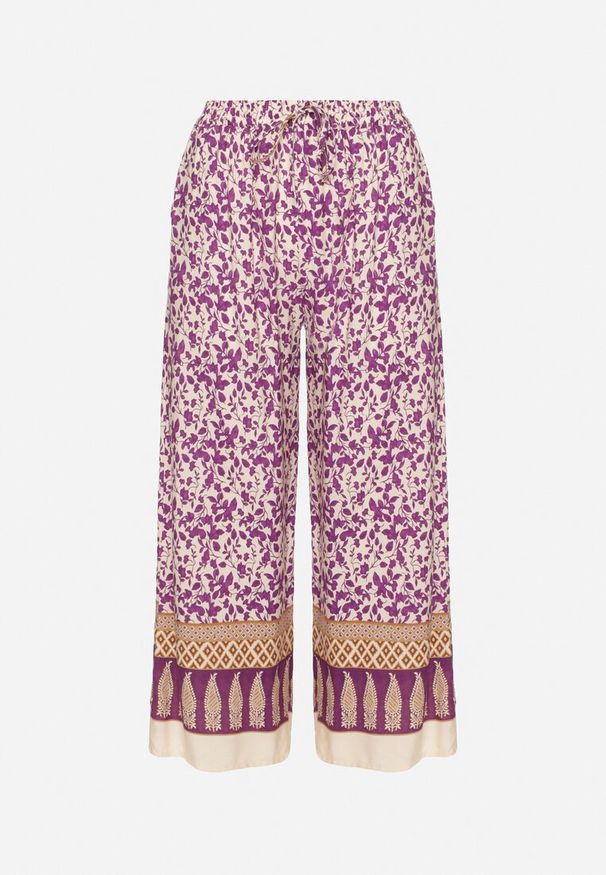 Born2be - Fioletowe Bawełniane Spodnie z Wysokim Stanem o Długości 7/8 ze Wzorem Boho Lisavinea. Okazja: na co dzień. Stan: podwyższony. Kolor: fioletowy. Materiał: bawełna. Wzór: aplikacja. Styl: boho