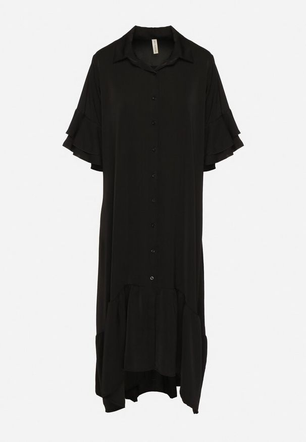 Born2be - Czarna Sukienka Koszulowa z Ozdobną Falbanką Daviravie. Okazja: na co dzień. Kolor: czarny. Typ sukienki: koszulowe. Styl: klasyczny, casual, elegancki