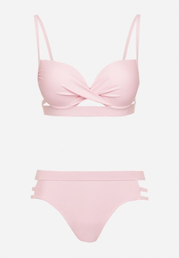 Born2be - Jasnoróżowe Bikini Biustonosz z Wiązaniem i Majtki Figi Zdobione Wycięciami Kinelena. Kolor: różowy. Materiał: len. Wzór: aplikacja
