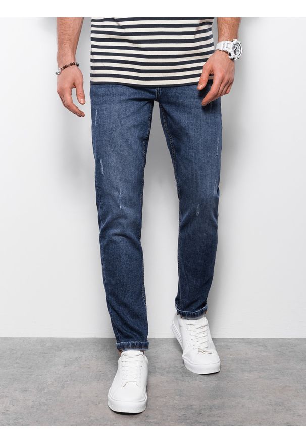 Ombre Clothing - Spodnie męskie jeansowe z przetarciami REGULAR FIT - ciemnoniebieskie V4 - Rozmiar: L. Kolor: niebieski. Materiał: jeans